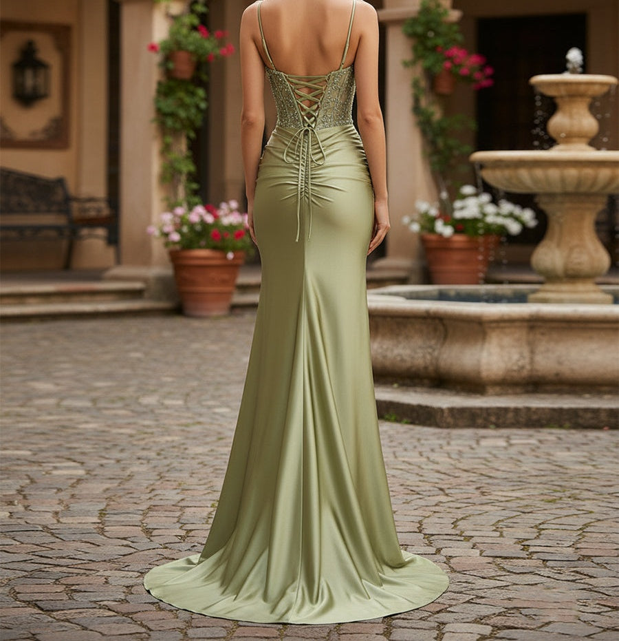 Mermaid Spaghetti Straps Bodice Long Prom Dress with Beads