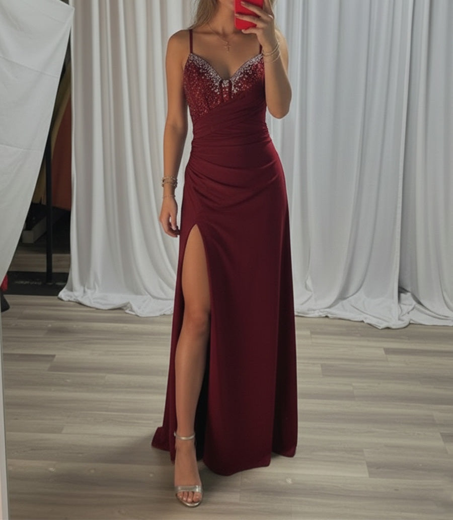 Beaded V Neck Corset Bodice Long Prom Dress with Slit