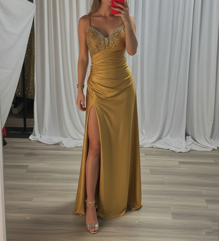Beaded V Neck Corset Bodice Long Prom Dress with Slit
