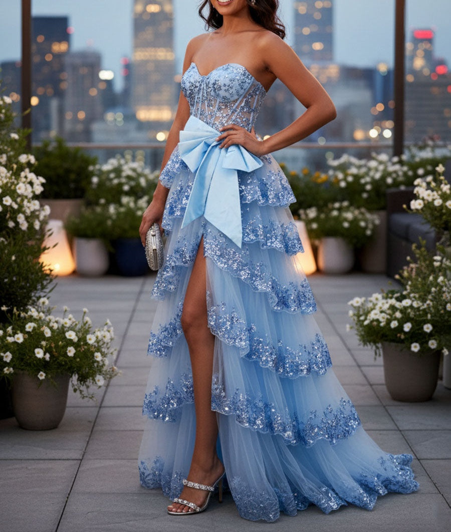 Sparkly Lace Strapless Ruffle Tiered Prom Dress with Bow