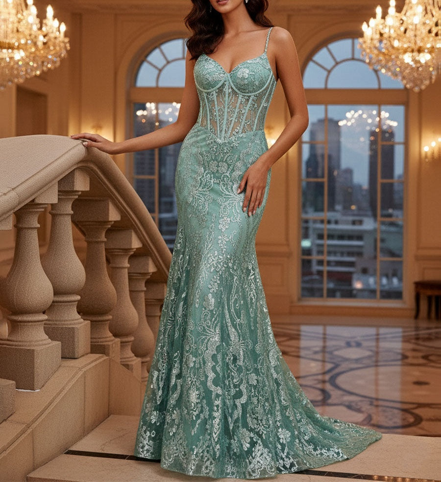 Mermaid V Neck Sheer-Corset Long Glitter-Print Prom Dress