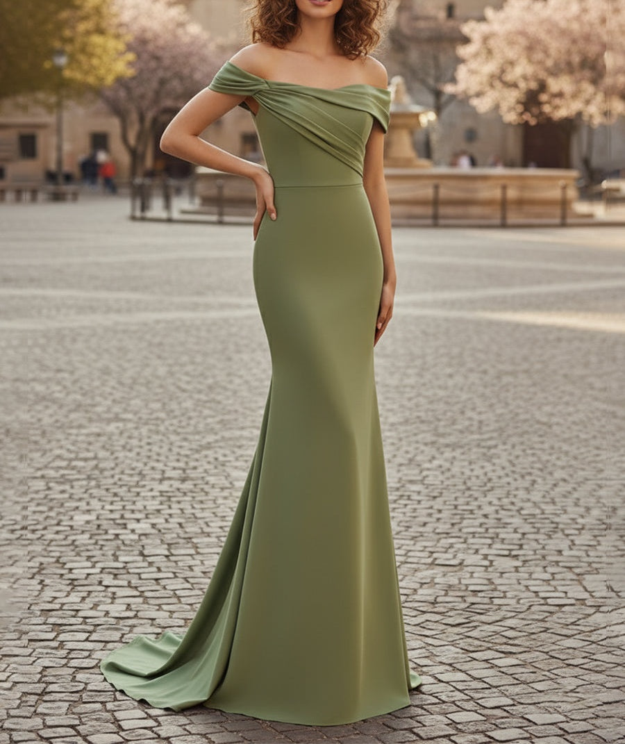 Off The Shoulder Draped Neck Long Fishtail Prom Dress with Wide Hem