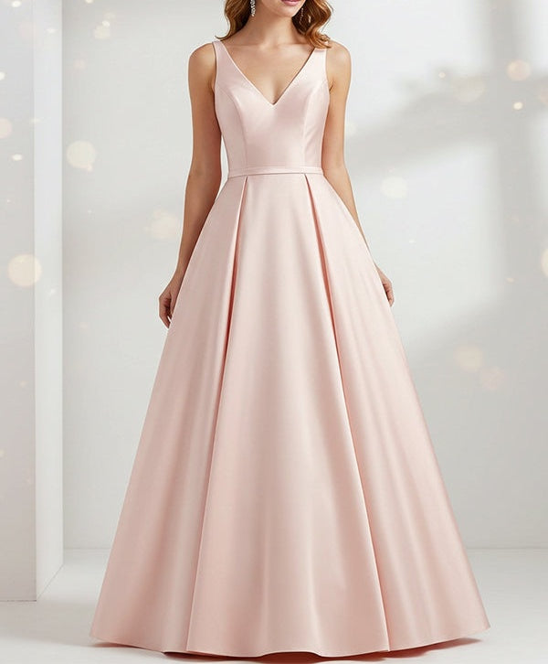 Pink Sheath/Column V-Neck Floor-Length Satin Prom Dress