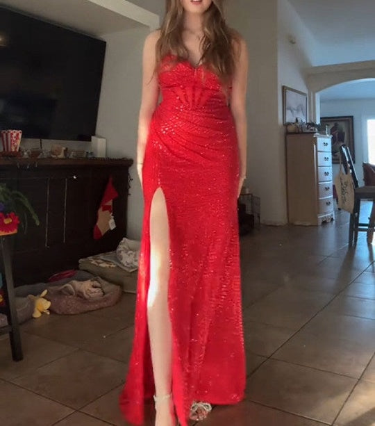 Sparkly Red Mermaid Spaghetti Straps Long Prom Dresses with Slit