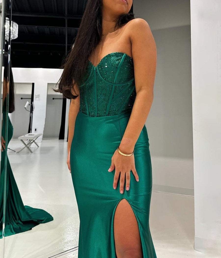 Blue Mermaid Spaghetti Straps Beaded Sweetheart Long Prom Dress with Slit