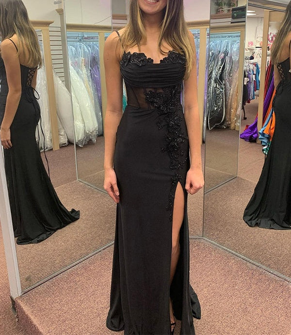 Black Mermaid Spaghetti Straps Applique Long Prom Dress with Slit