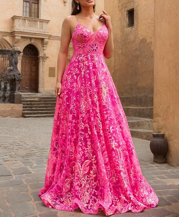 Sparkly Fuchsia A Line Floral Corset V-Neck Sequin Prom Dress