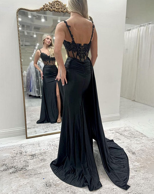 Black Mermaid Corset Side Cape Long Prom Dress with Slit