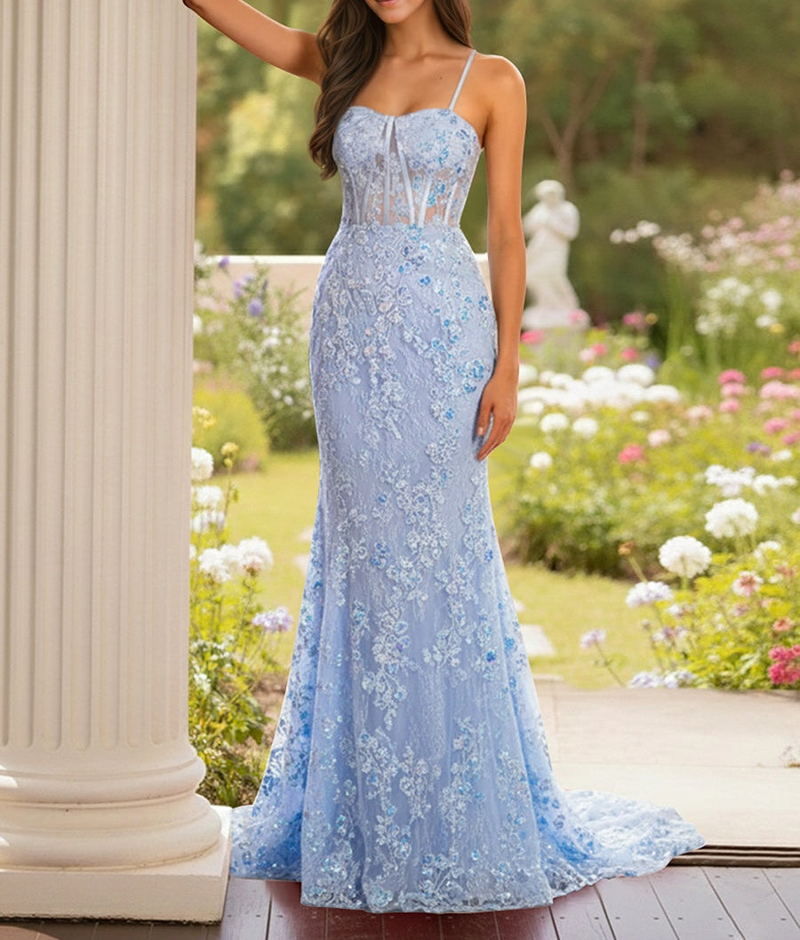 Blue Floral Corset Bodice Spaghetti Straps Lace Applique Prom Dress