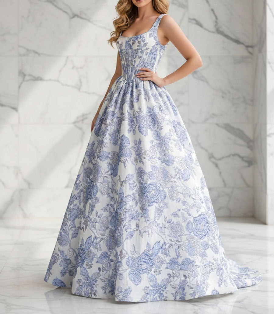 Blue Floral A Line Square Neck Brocade Corset Long Prom Dress