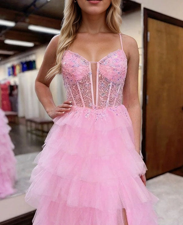 Pink Tulle Tiered Corset Long Prom Dress with Slit