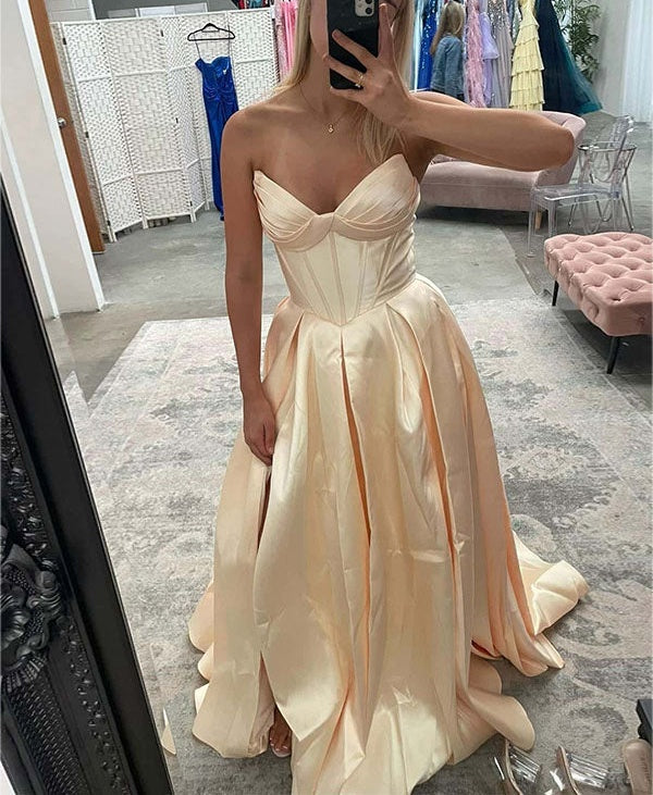 Light Blue Satin Corset A-Line Long Prom Dress with Slit