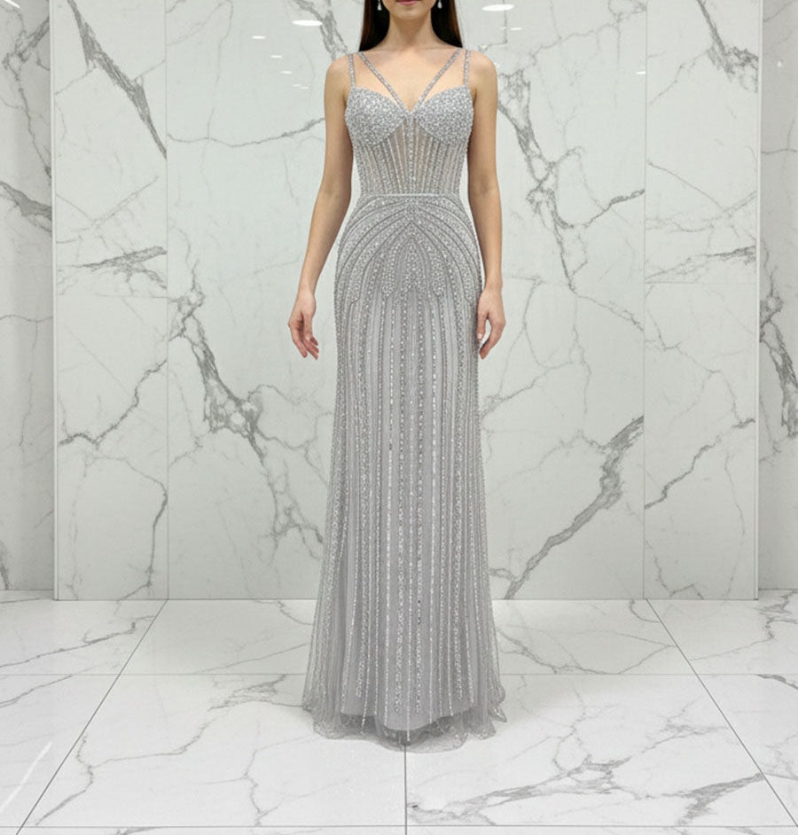 Celestial Silver Beaded Illusion Prom Dress with Overskirt