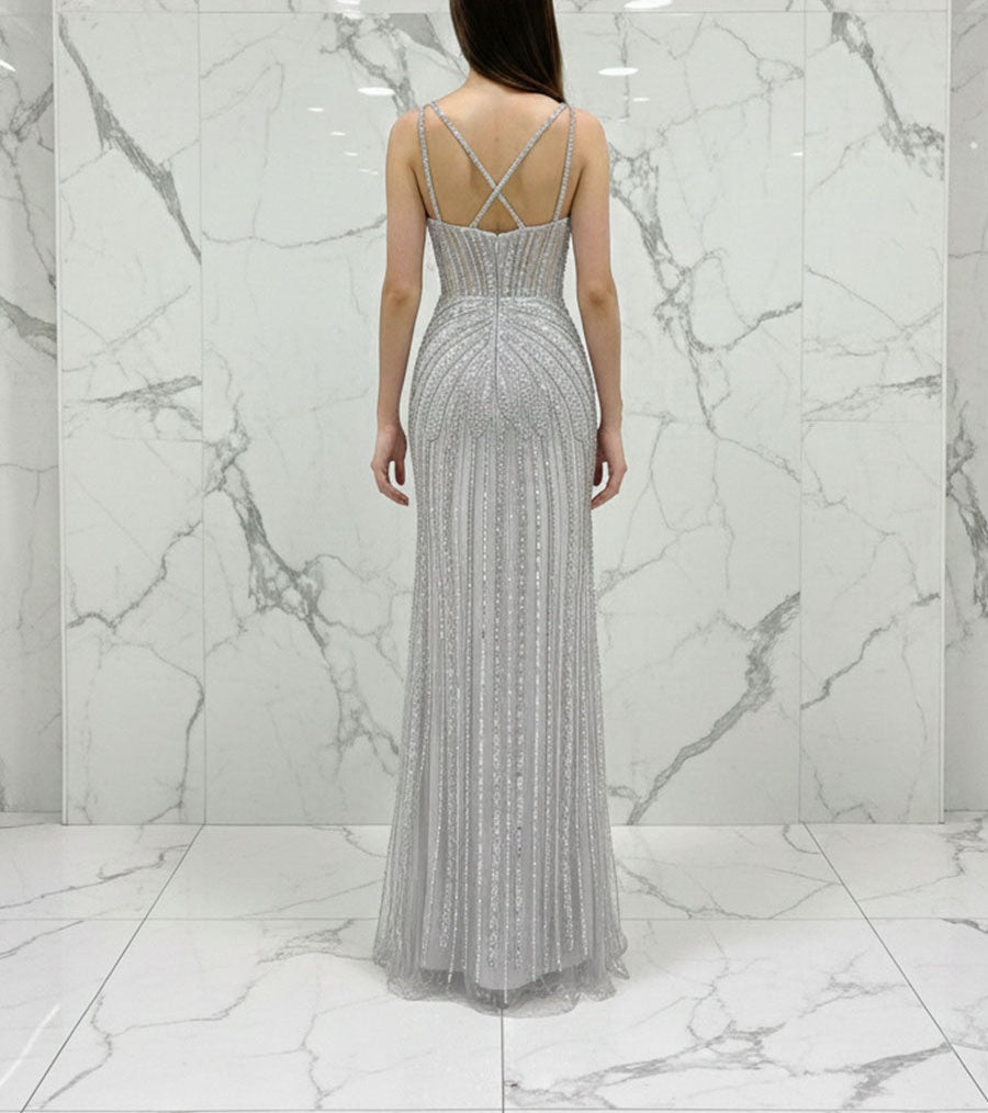 Celestial Silver Beaded Illusion Prom Dress with Overskirt