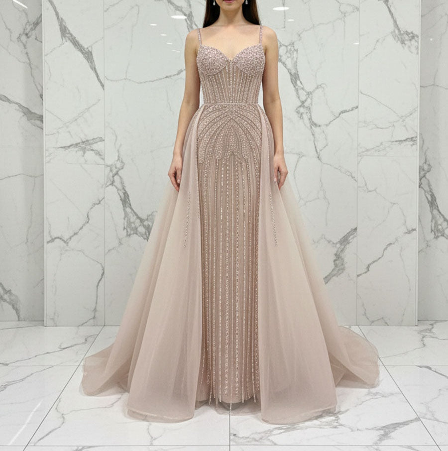 Celestial Silver Beaded Illusion Prom Dress with Overskirt