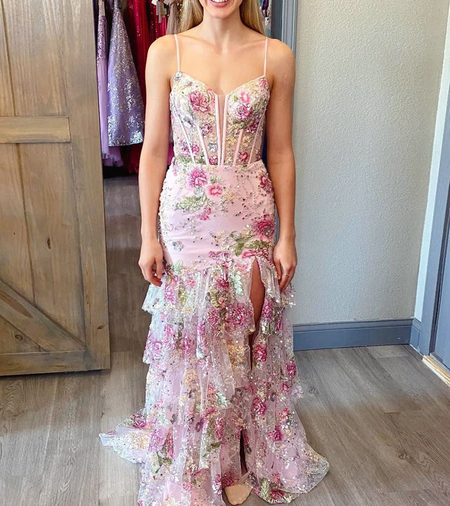 Pink Floral Embroidered Corset Prom Dress with Ruffled Tiers