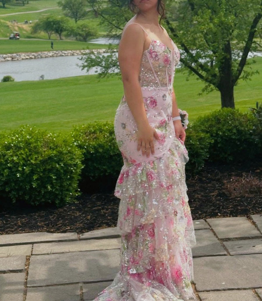 Pink Floral Embroidered Corset Prom Dress with Ruffled Tiers