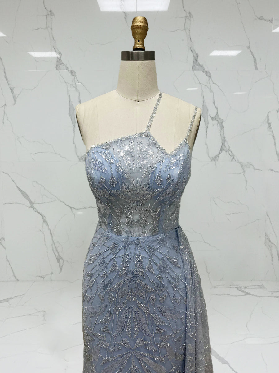 Ice Blue Geometric Beaded Prom Dress with Tulle Overskirt