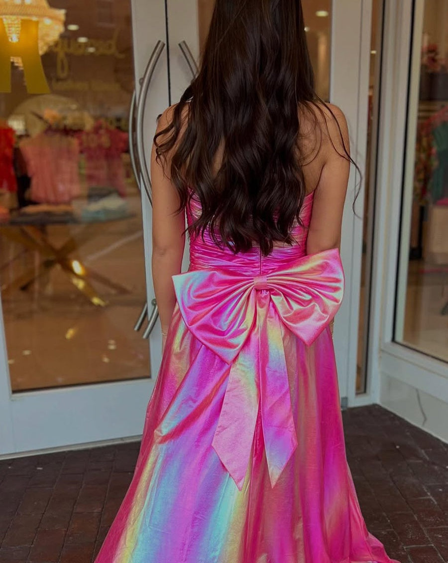 Hot Pink Metallic Strapless A-Line Prom Dress with Slit