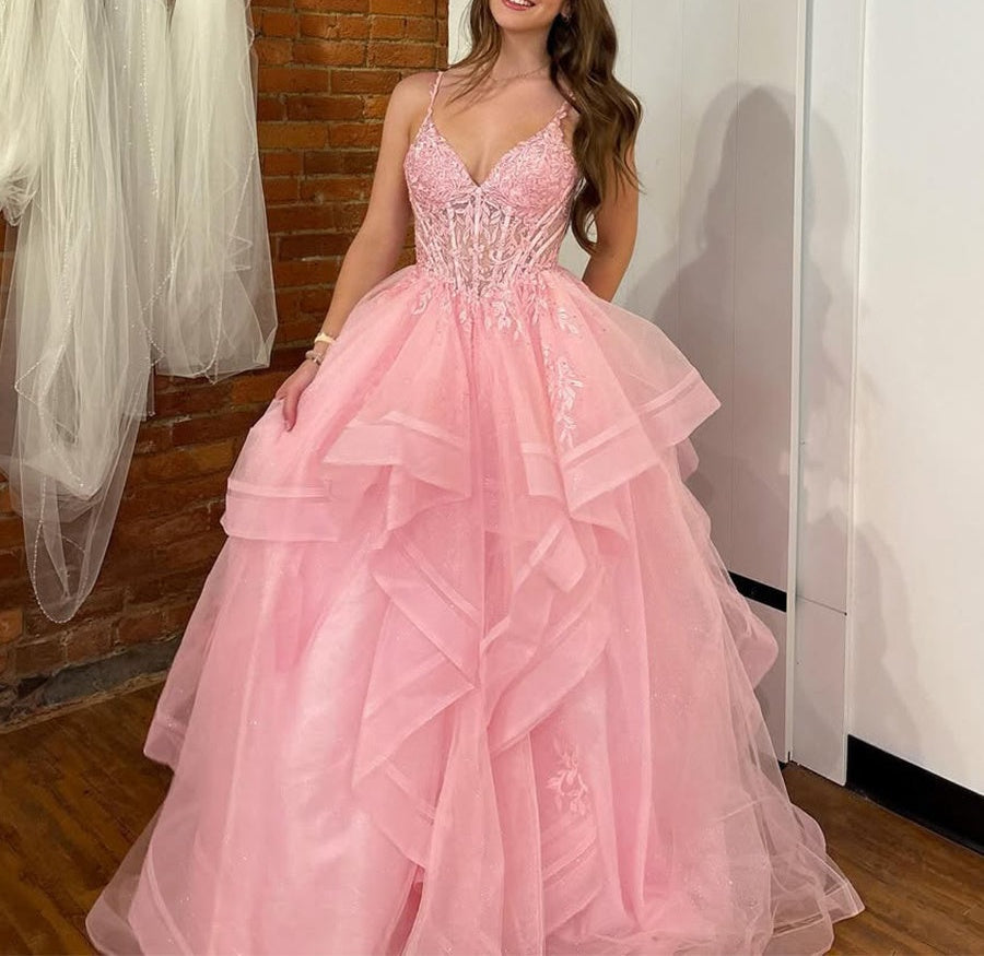Pink A Line Tiered Tulle Long Prom Dress with Lace Appliqué