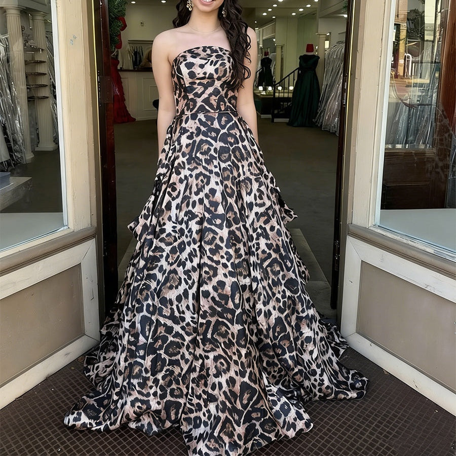 Chic Leopard Print Strapless Tiered A-Line Prom Dress