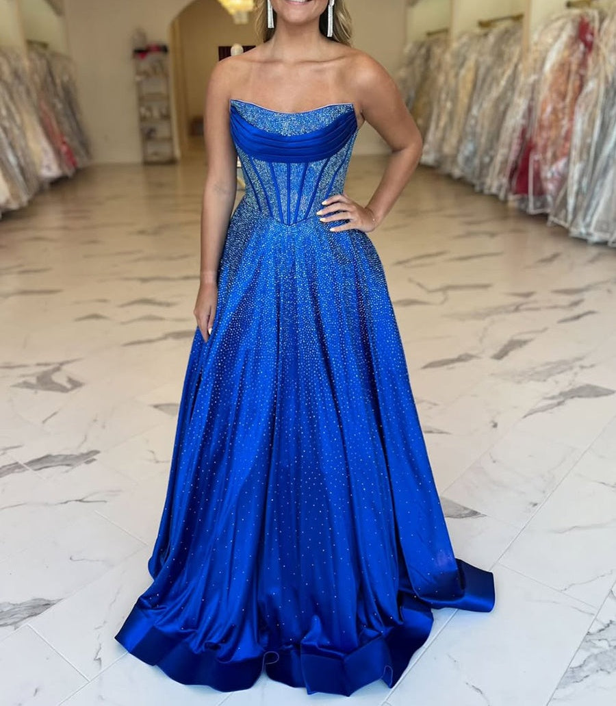 Royal Blue Sparkly Strapless A Line Corset Long Prom Dress