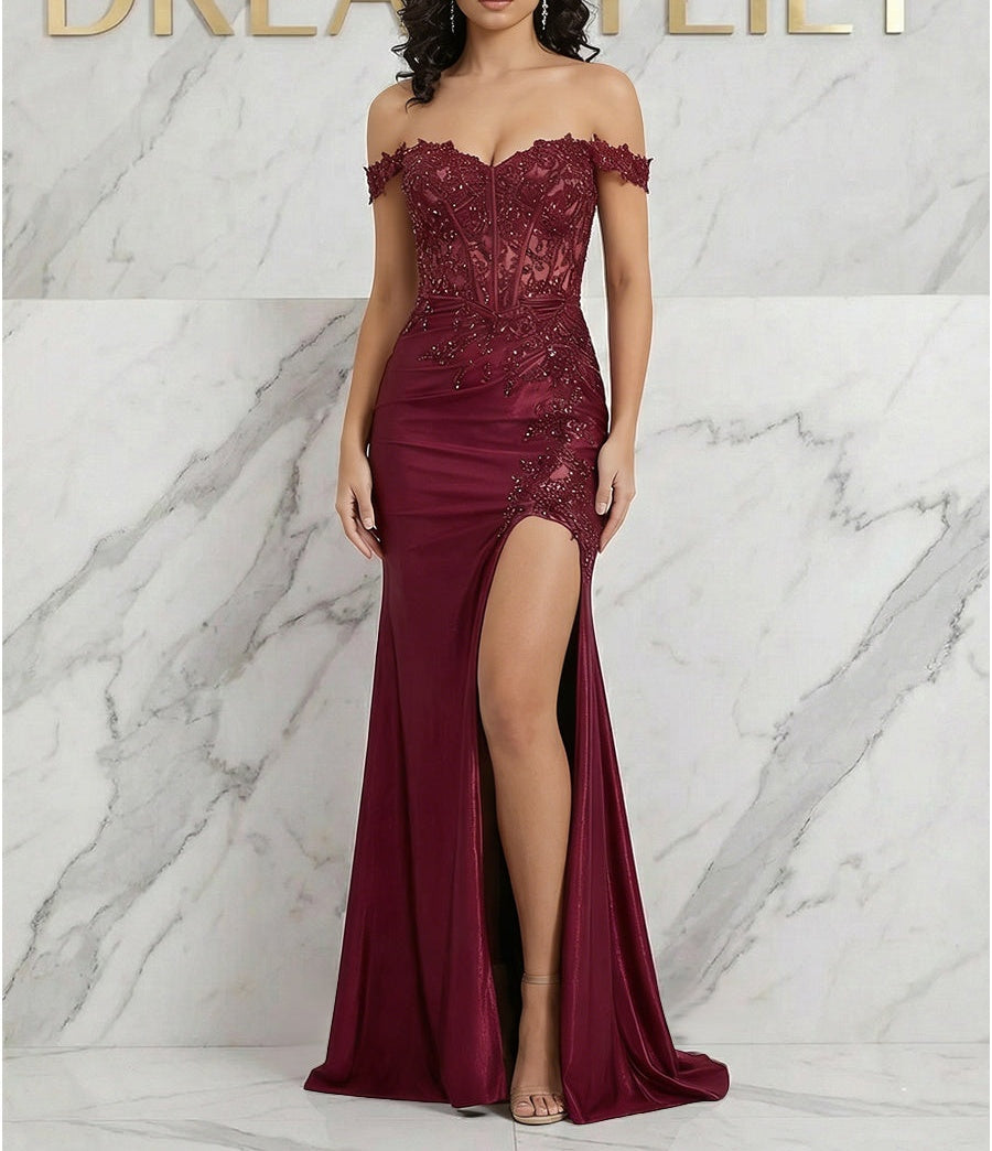 Burgundy Off-the-Shoulder Lace Corset Prom Dress with Slit