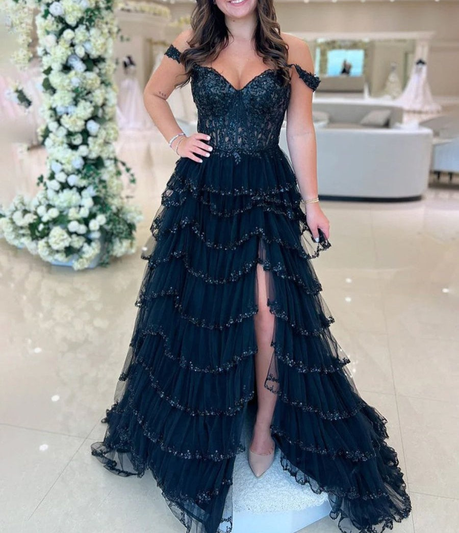 Glamorous Champagne Beaded Tiered Ruffle Corset Prom Dress with Slit