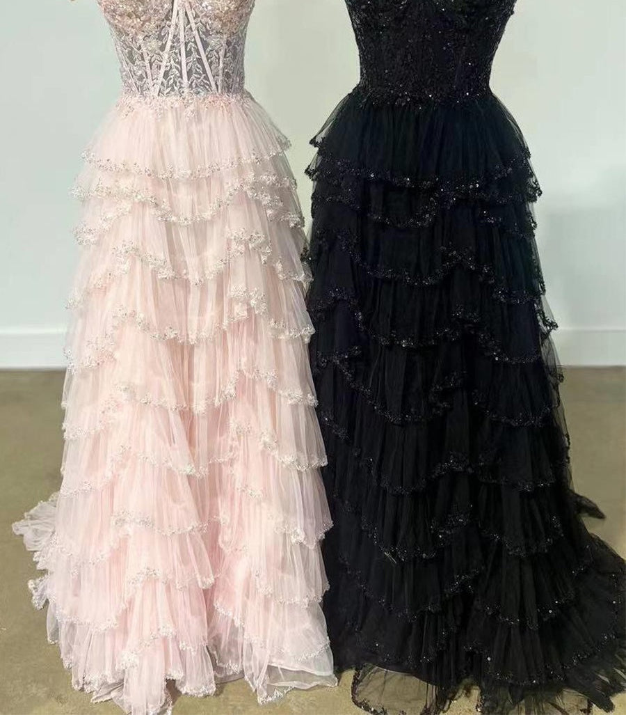Glamorous Champagne Beaded Tiered Ruffle Corset Prom Dress with Slit