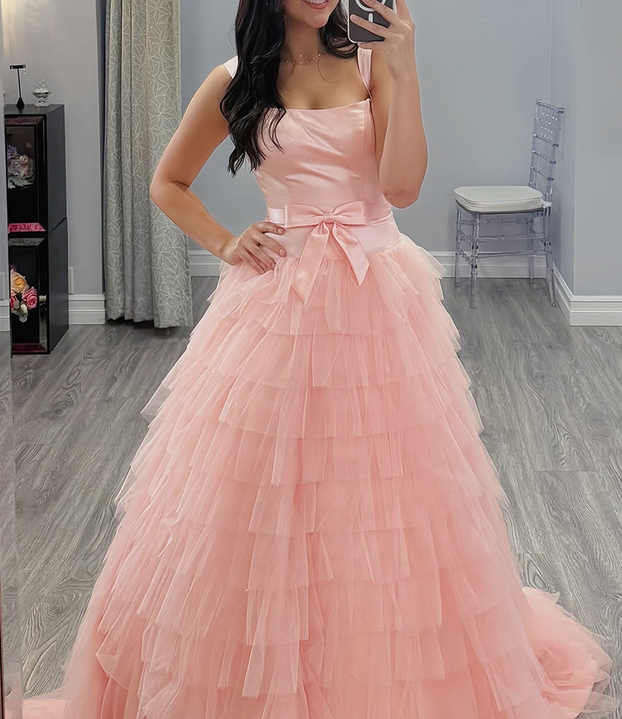 Sweet Light Pink Tiered Ruffle Tulle Prom Dress with Bow
