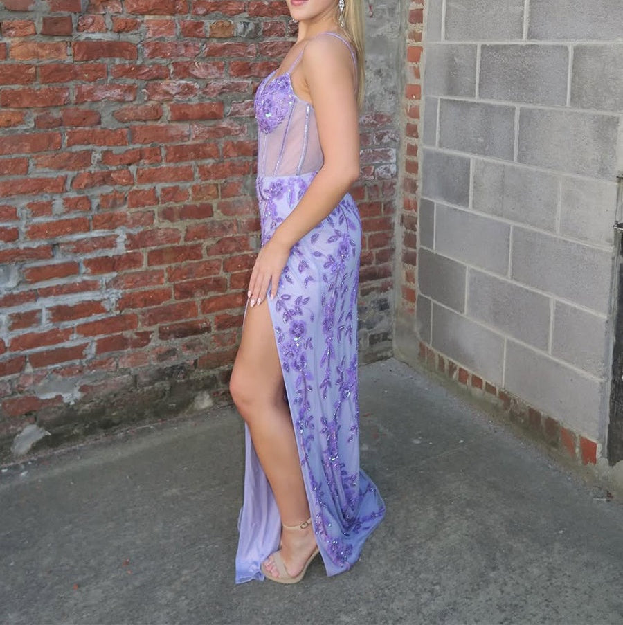 Lilac Spaghetti Straps Corset Embellished Prom Dress with Slit