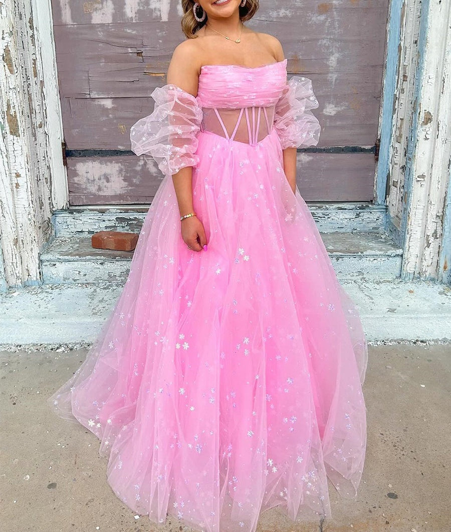 Pink Star Tulle Strapless Puff Sleeves Corset Prom Dress