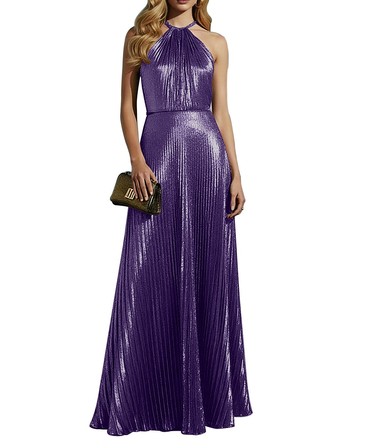 Luxurious Champagne-Gold Pleated Halter Long Prom Dress