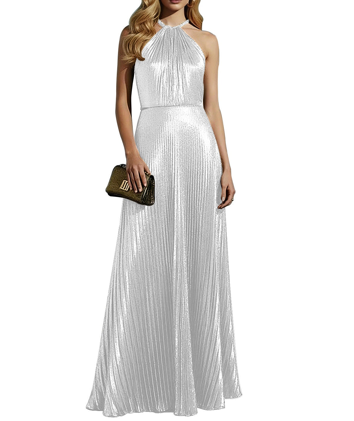Luxurious Champagne-Gold Pleated Halter Long Prom Dress