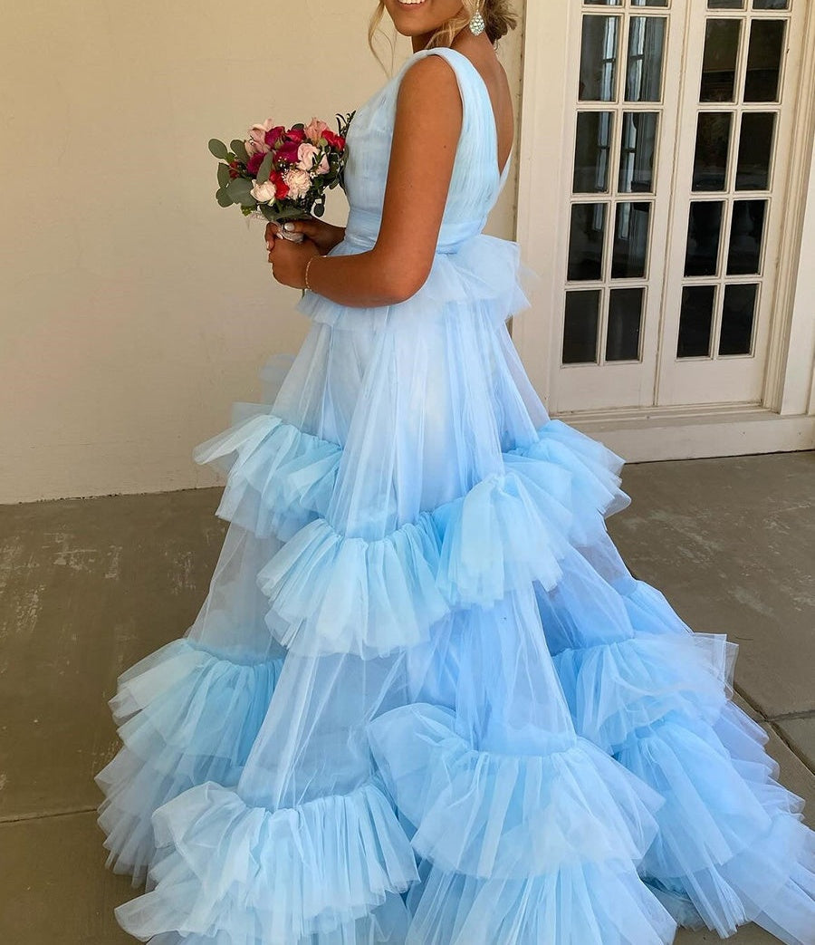 Light Blue A Line Tiered Ruffle Tulle Long Prom Dress
