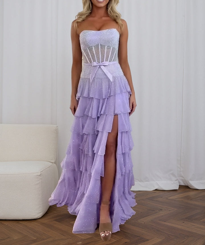 Sparkly Lilac Strapless Tiered Ruffle Corset Prom Dress with Slit