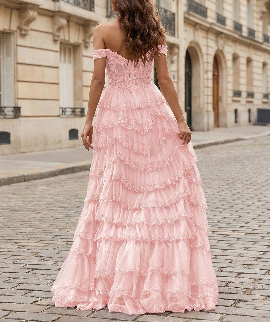 Sparkling Royal Blue Off The Shoulder Tiered Ruffle Corset Prom Dress with Slit
