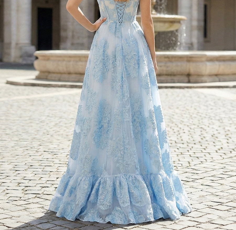 Light Blue Floral Appliqué Corset A-Line Prom Dress with Slit