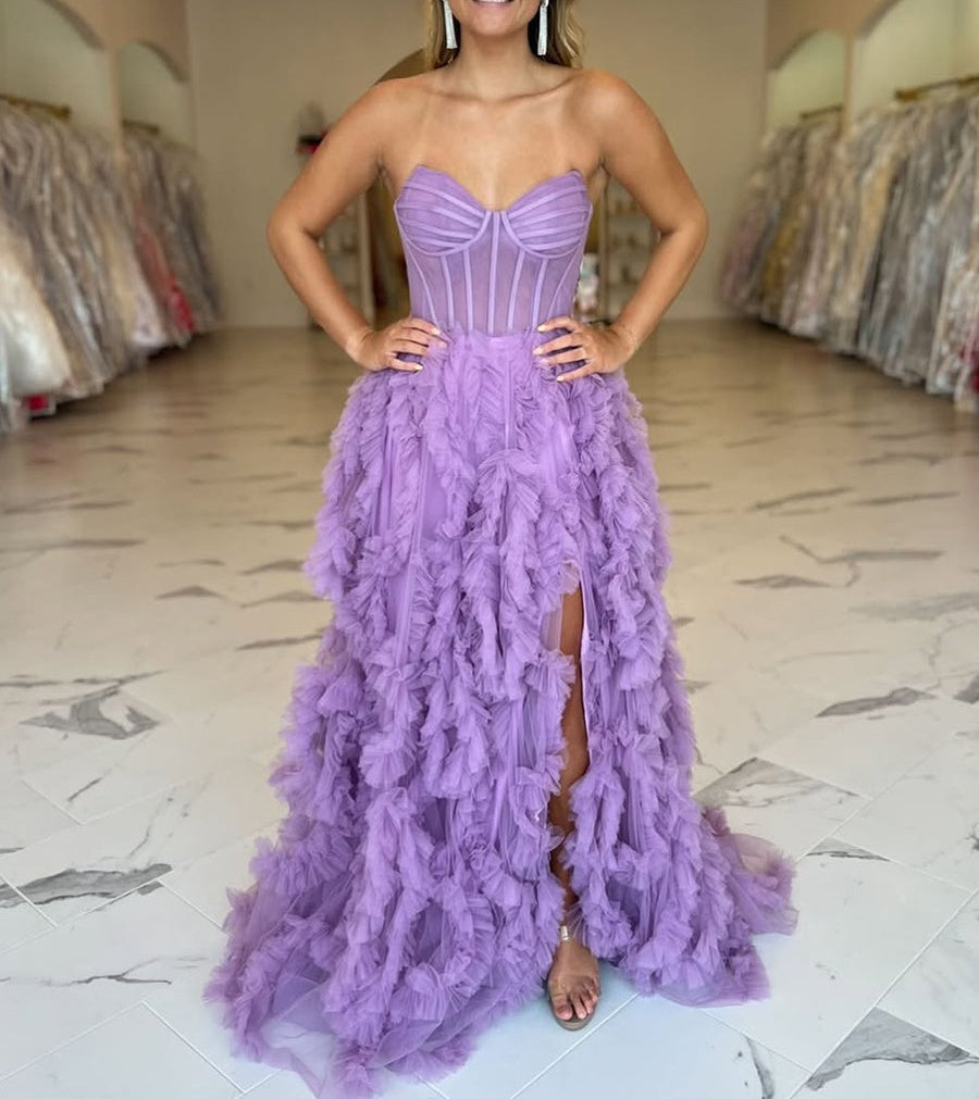 Lavender Strapless Tulle Ruffled Corset Prom Dress with Slit