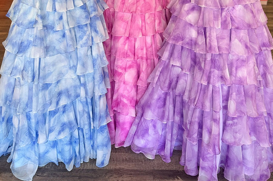 Blue Watercolor Tiered Ruffled Corset Prom Dress with Slit
