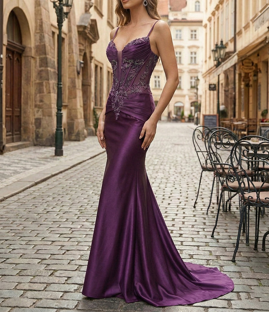 Purple Mermaid Spaghetti Straps Satin Long Corset Appliqued Prom Dress