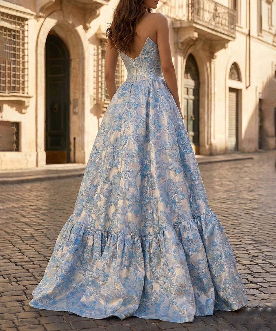 Blue Floral Jacquard Off-the-Shoulder Corset Prom Dress