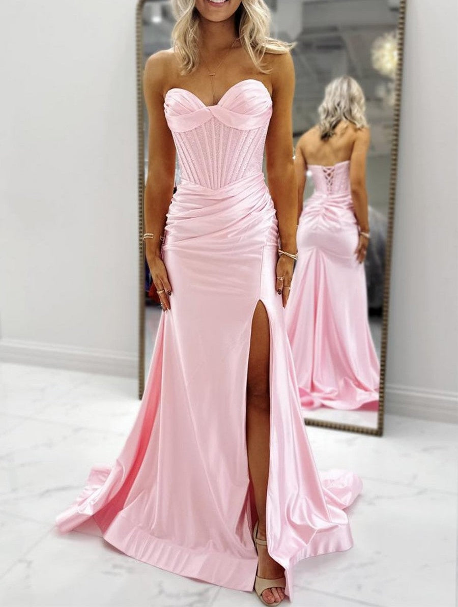 Light Blue Strapless Beaded Corset Satin Prom Dress with Slit