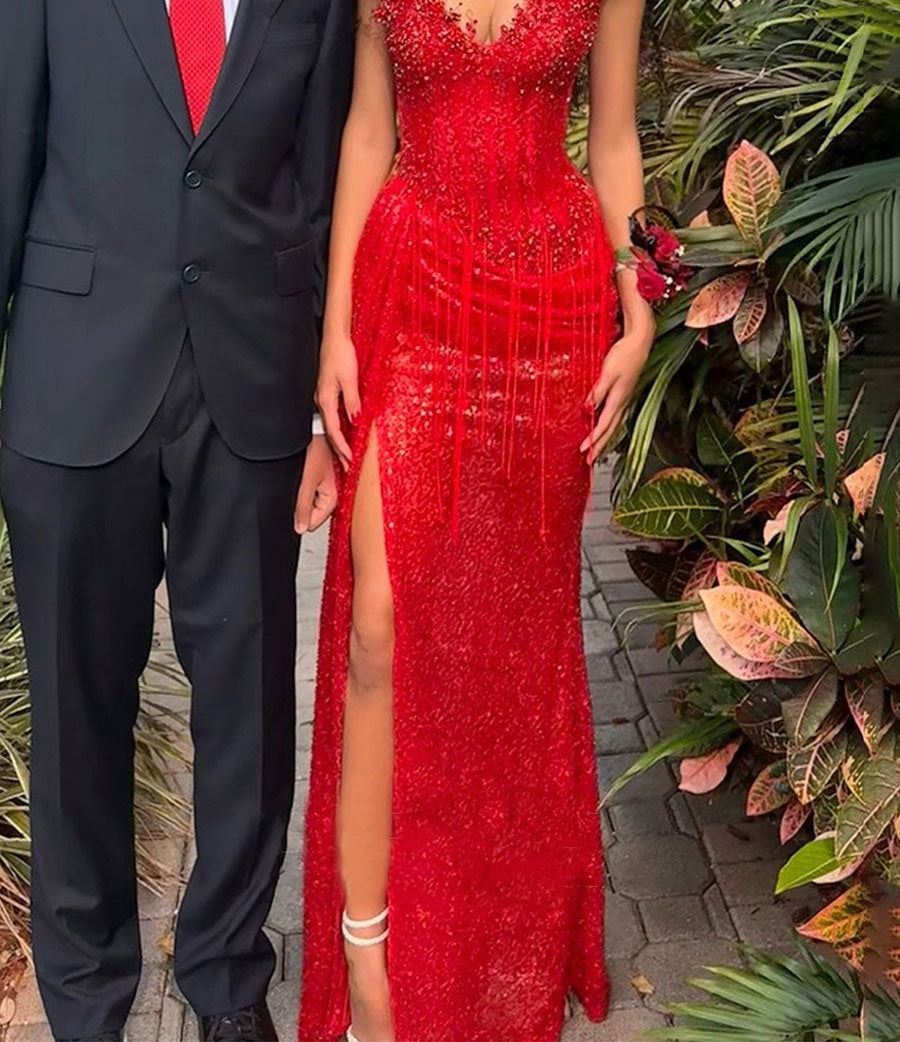 Red Strapless Beaded Fringe Waist Sequin Prom Dress with High Slit