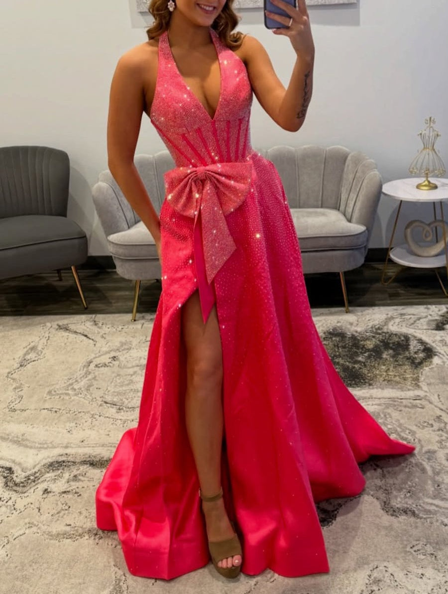 Sparkling Pink Halter Corset Prom Dress with Bow