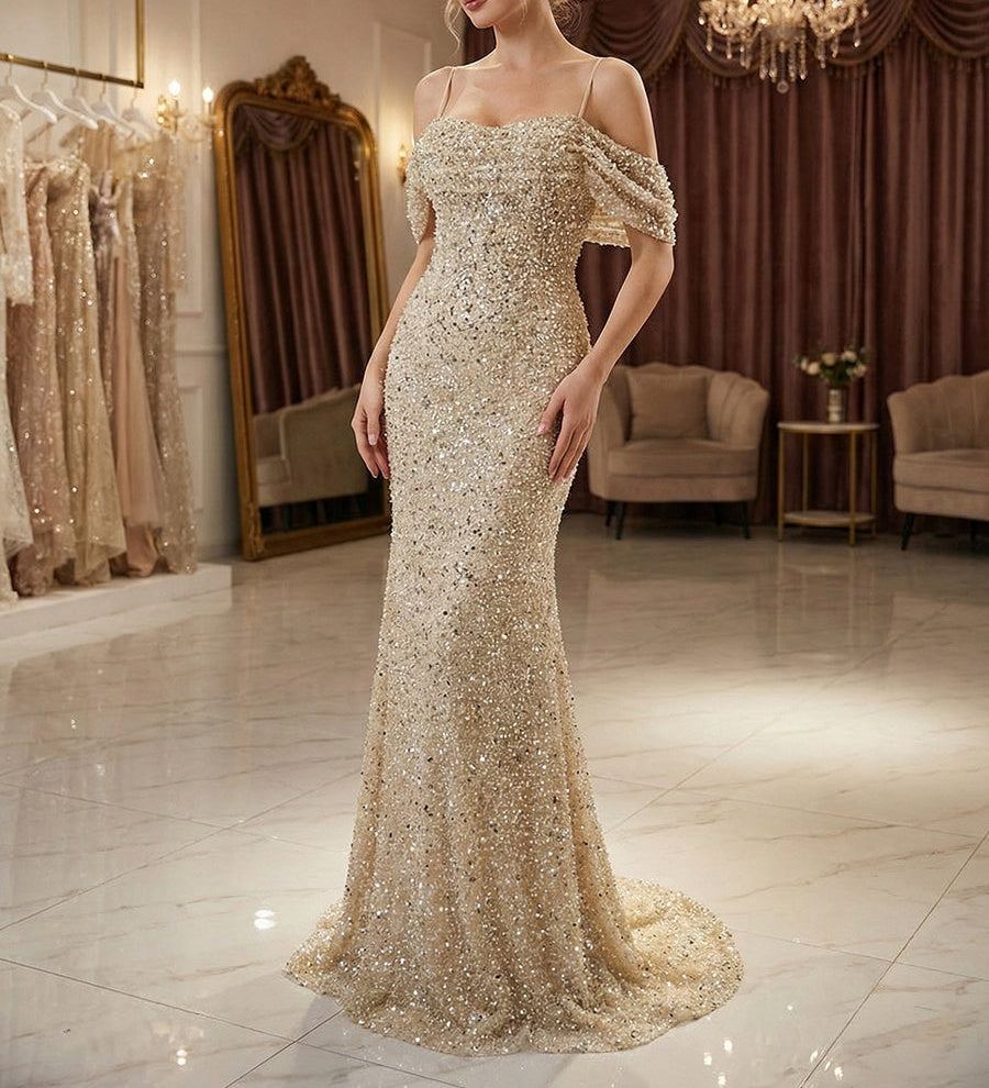 Sparkly Champagne Beaded Off-the-Shoulder Mermaid Long Prom Dress