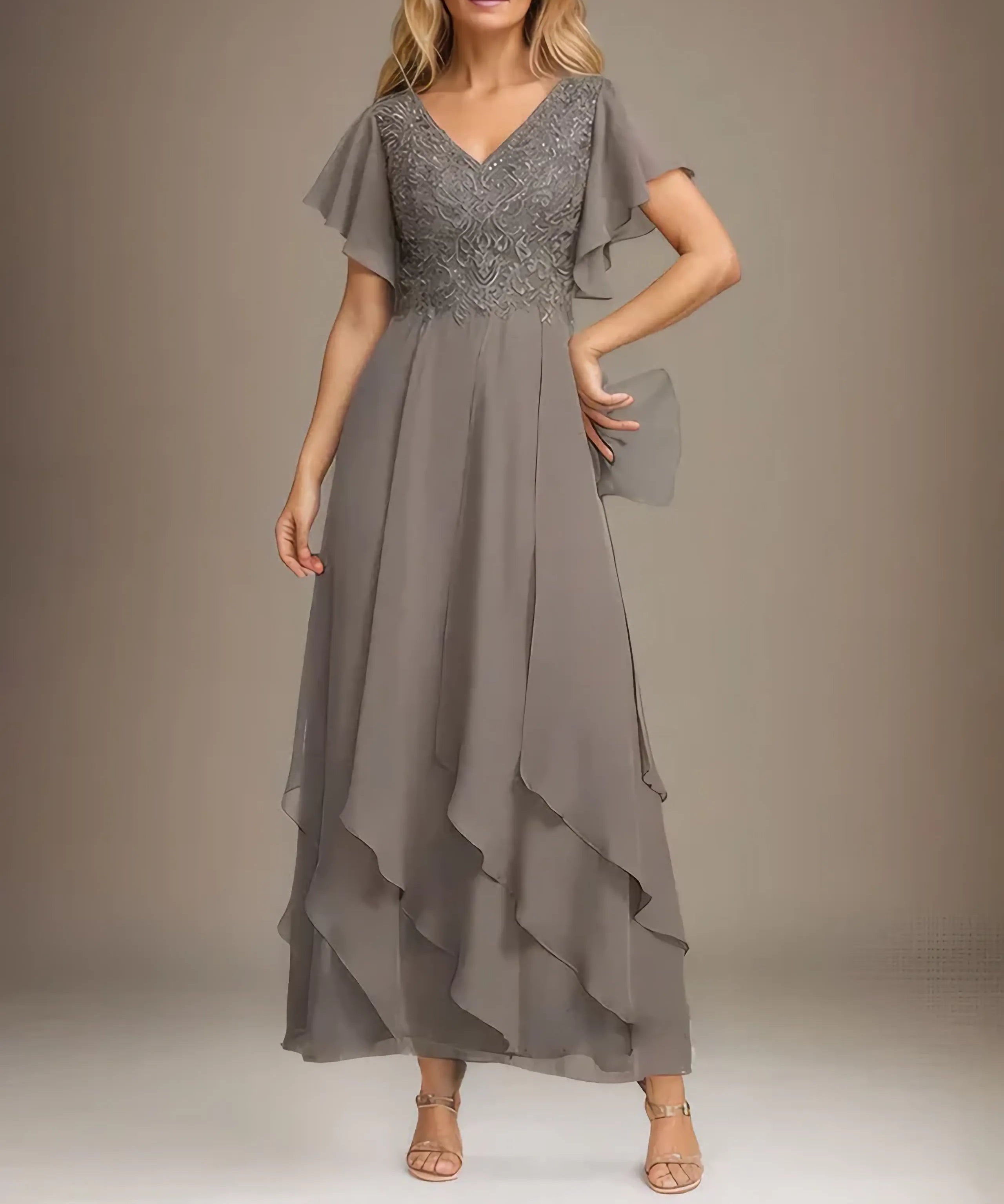 A-line V-Neck Ankle-Length Lace Chiffon Mother of the Bride Dress With Cascading Ruffles