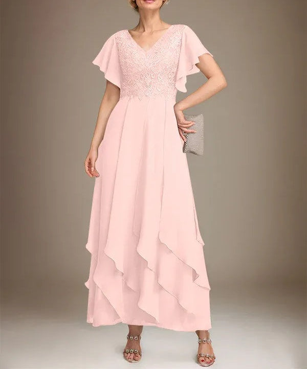A-line V-Neck Ankle-Length Lace Chiffon Mother of the Bride Dress With Cascading Ruffles