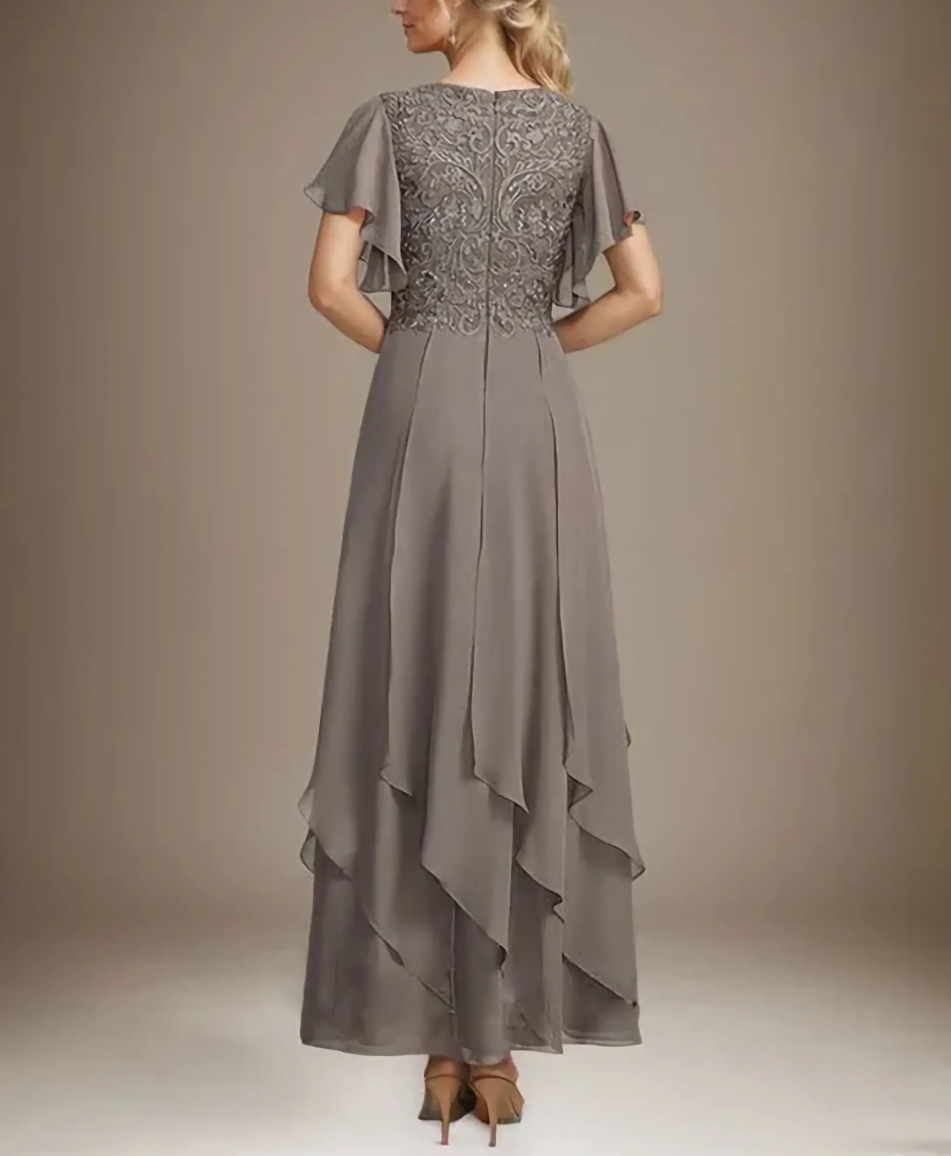A-line V-Neck Ankle-Length Lace Chiffon Mother of the Bride Dress With Cascading Ruffles