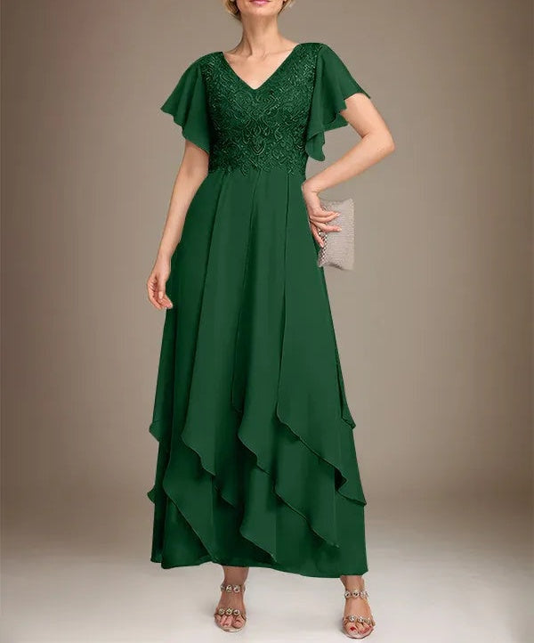 A-line V-Neck Ankle-Length Lace Chiffon Mother of the Bride Dress With Cascading Ruffles